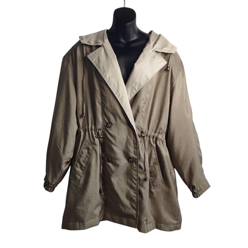 Vintage Essentials Women Taupe Tan Hooded Double Breasted Trench Coat Sz  L NWT